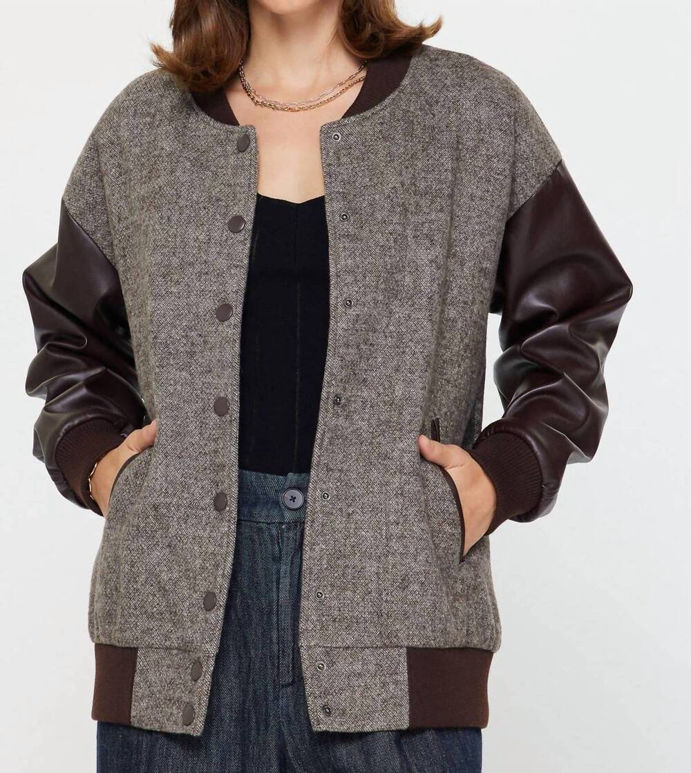 NEW CURRENT AIR oversized polyurethane sleeve and wool blend jacket in chocolate